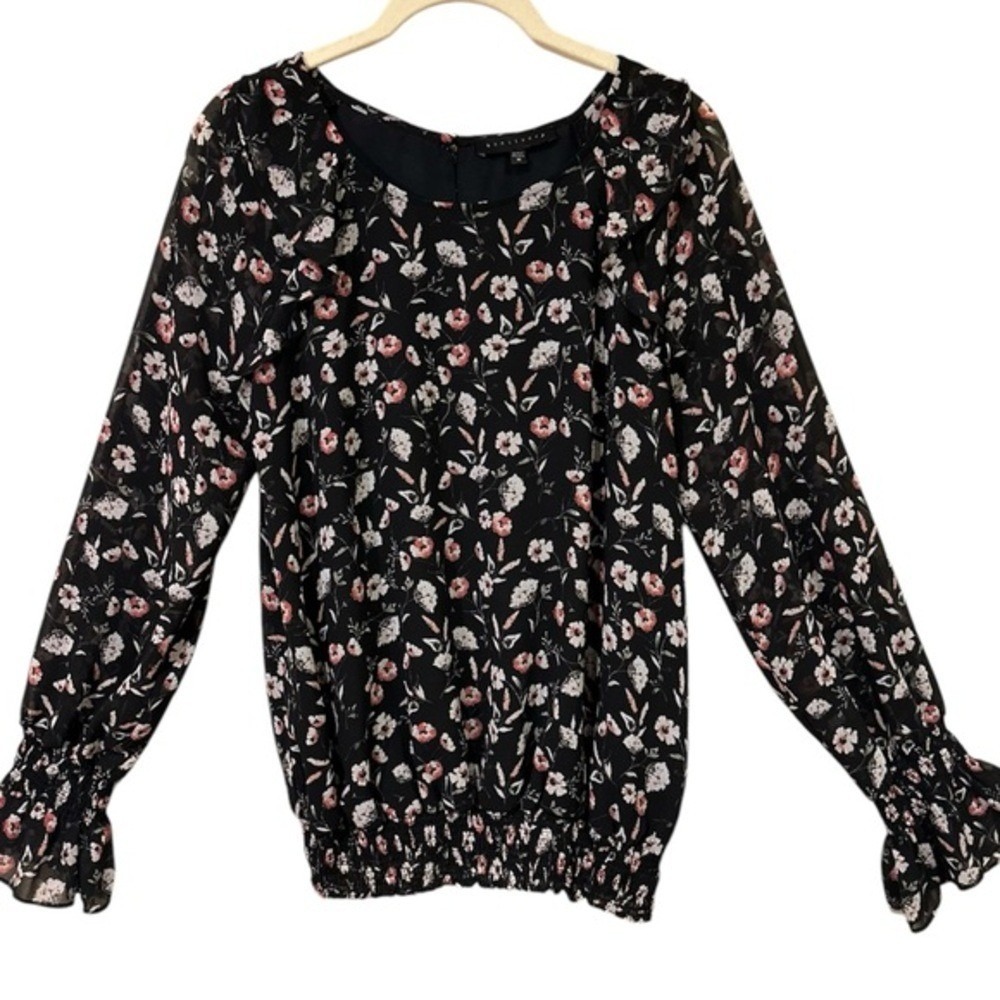 Sanctuary Womens Floral Blouse Black Long Sleeve Ruffle Cuff Top Size Medium